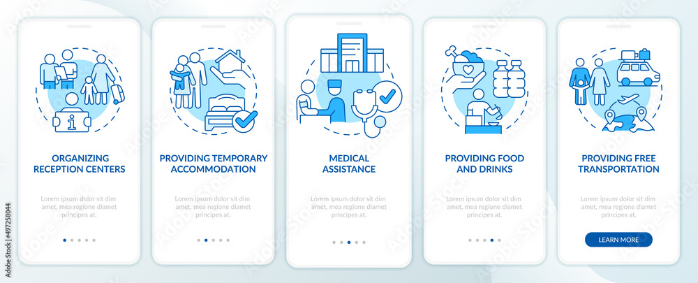 Government initiatives blue onboarding mobile app screen. Help refugees ...