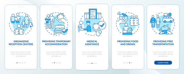 Government initiatives blue onboarding mobile app screen. Help refugees walkthrough 5 steps graphic instructions pages with linear concepts. UI, UX, GUI template. Myriad Pro-Bold, Regular fonts used