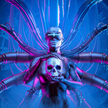 Lair Of The Spider - 3D Illustration Of Science Fiction Masked Female Cyborg Holding Robot Human Skull
