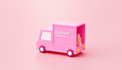 Wall Mural - Pink delivery car deliver express with cardboard boxes cartoon shipping and transportation concept on Pink background 3d rendering