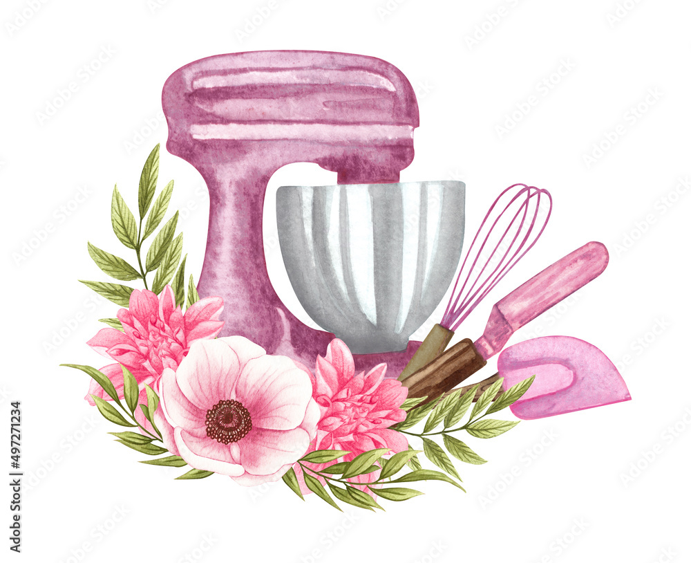 Baking watercolor illustration with kitchen utensils in a clay jag, polling  pin, whisk, spoon with pink flowers. Hand drawn Cooking clipart. Baking  logo Stock Illustration | Adobe Stock, image size:1000x814