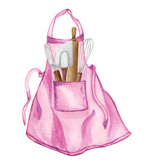 Baking watercolor illustration with kitchen utensils inside a pink apron on white background. Top view. Hand drawn Cooking clip art. Baking concept