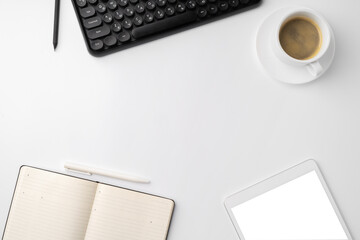 Poster - Office desk with laptop, blank notebook and coffee cup