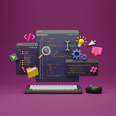Wall Mural - Programmer developer typing script source languages coding symbols  icon development project data programming software engineering IT technologies computer. 3d rendering.