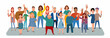 © Юлия Храмцова - Fashionable men and women in casual clothes say hello. A set of flat vector illustrations with a gesture of greeting people.