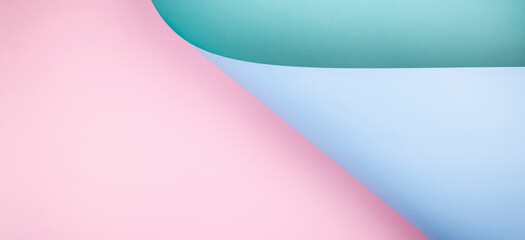 Wall Mural - Abstract geometry composition background in pastel blue, pink, green colors with geometric shapes and curved wave lines. Top view, copy space