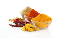 Spices,Indian Spices, Color Full Spices In Glass Bowls Chilee,Turmeric, Coriander Powders