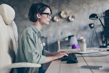 Profile side view portrait of attractive focused smart clever girl manager typing code html css cyber company at work place station indoors