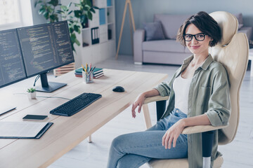 Photo of beautiful it-specialist business lady relaxing in leather chair develop creative website project work in office workstation