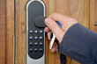 Opening front door with electronic lock and key fob and keychain