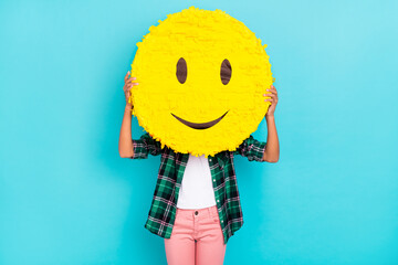 Wall Mural - Photo of anonymous incognito lady hold emoji smile cover face wear plaid shirt isolated teal color background
