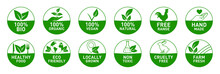 100% Organic, 100% Bio, Vegan, Natural, Free-range, Hand Made, Eco Friendly, Healthy Food, Locally Grown, Cruelty-free, Non Toxic, Farm Fresh Icon Set Vector Illustration 