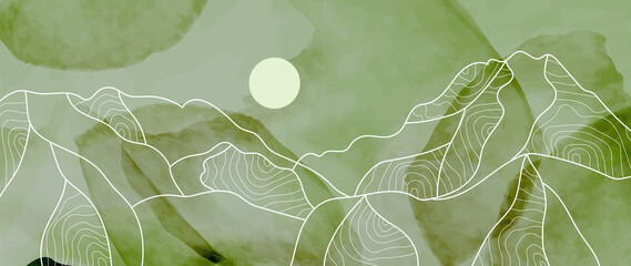 Wall Mural - abstract landscape on green background. luxury line art wallpaper with hills in gold gradient wave l