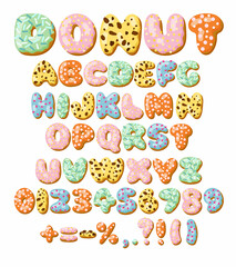 Canvas Print - Letters and numbers in donut font vector illustrations set. Designs of alphabet letters and numbers from chocolate donuts or cookies with icing. Food, dessert, typography concept for bakery or cafe