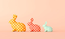 Spring Time Easter Bunnies In A Line With A Spotted Pattern. 3D Rendering