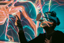 A Woman Wearing Virtual Reality Glasses, Cyber ​​space