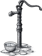 Hand Water Pump Tap Illustration, Drawing, Engraving, Ink, Line Art, Vector
