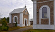 General view and architectural details of the chapel built in 1856 and the Catholic Church of the Blessed Virgin Mary in Kundzin in Podlasie, Poland.
