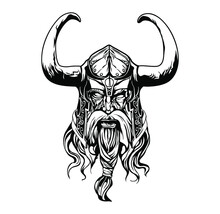 Vector Illustration Of Viking With Helmet, Armor On The White Background. Hand-drawn Illustration For Mascot Sport Logo Badge Label Sign Poster Emblem Patch T-shirt Printing. Vector Logo