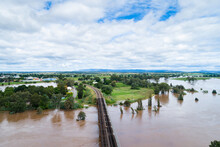 Railway Line Bridge Over Flooding Hunter River Near Singleton During Flood