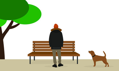 Wall Mural - 
Tree, bench, male character and dog on a white background