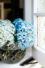 Vase Of Blue Hydrangeas On A Window Sill