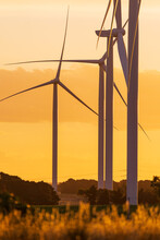 A Line Of Wind Turbine Silhouetted Against A Golden Sunset Sky