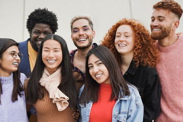 Wall Mural - Happy diverse young people having fun outdoor - Multiracial friendship concept