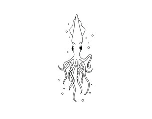 Vector isolated cute cartoon squid with long tentacles colorless black and white contour line doodle drawing