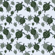 Seamless Pattern With Sea Turtle On Light Blue Background. Ocean Animals Swim. Reptiles In Marine Print For Kids, Invitations, Nursing, Fabric, Textile Wallpapers.
