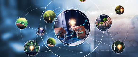 collage of images that promote green energy. developing and growing ecological and sustainable busin
