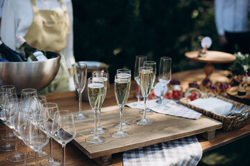 glasses of champagne at a wedding festive buffet