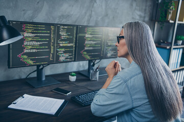 Rear portrait of senior lady sitting chair look two displays debugging workstation indoors