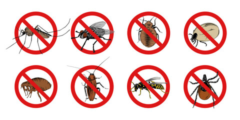 Vector engraved style illustrations for posters, logo, emblem and badge. Hand drawn sketch set of insects, fly, sucker, mosquito, bug, wasp, mite, cockroach. Prohibited signs, stop, warning, forbidden