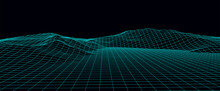 Technology Perspective Grid With Mountain Landscape Background. Vector Digital Space Wireframe Landscape. Mesh On A Black Background