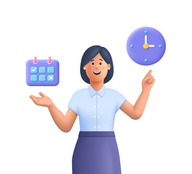 Wall Mural - Young smiling business woman pointing to calendar and clock.Time management, timing, self organization, business planning concept. 3d vector people character illustration.Cartoon minimal style.