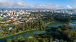 Aerial view of Ibirapuera Park in São Paulo, SP. Residential buildings around. Lake in Ibirapuera Park