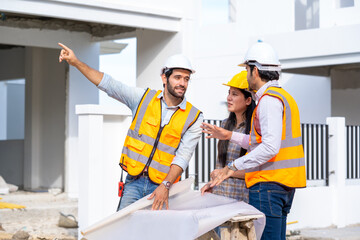 Aufkleber - Engineers group consult construction on site building working at construction site,Construction residential new house in progress at building site.