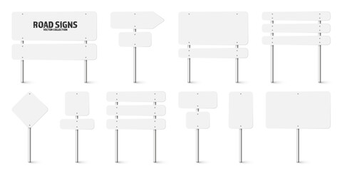 Various road, traffic signs. Highway signboard on a chrome metal pole. Blank white board with place for text. Directional signage and wayfinder. Information sign mockup. Vector illustration