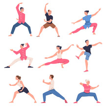 People Character Practicing Tai Chi And Qigong Exercise As Internal Chinese Martial Art Vector Illustration Set.