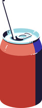 Aluminum Can With Straw, Soda Drink, Open Metal Packaging For Carbonated Beverage Cartoon Vector Isolated Illustration
