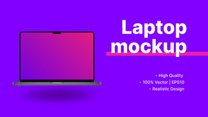 Wall Mural - Laptop Advertisement Banner. Minicomputer Front View with Blank Screen Mockup. Minimalistic Purple Website Promotion. Vector illustration