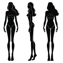  The Black Silhouette Of The Female Body, Front, Side, And Back Views. Female Fashion Figure Template. Beautiful Woman Isolated On White Background.

