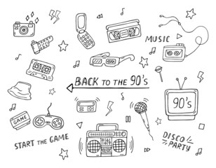  90s doodle set. Vector collection of retro electronics and things from 1990s. Trendy vintage design elements on white background. Back to 90s doodle illustration