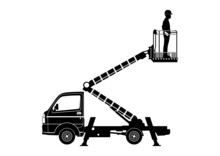 Silhouette Of Bucket Truck. Aerial Work Platform With Operator. Side View. Vector.