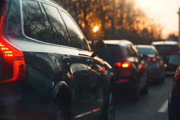 traffic. cars caught in the crowd. photo taken in the evening. people in traffic returning from work