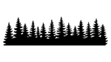 Fir Trees Silhouettes. Coniferous Or Spruce Forest Horizontal Background Pattern, Black Pine Woods Vector Illustration. Beautiful Hand Drawn Coniferous Panorama