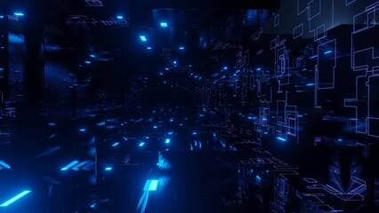 Glow line form pattern like sci-fi hologram. Fly through technology cyberspace with blue neon glow. Sci-fi flight through hi-tech technology tunnel. 3d looped seamless 4k bright background. Data flow