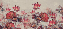Art Painted Leaves And Water Lilies On A Textured Background Photo Wallpaper For The Interior