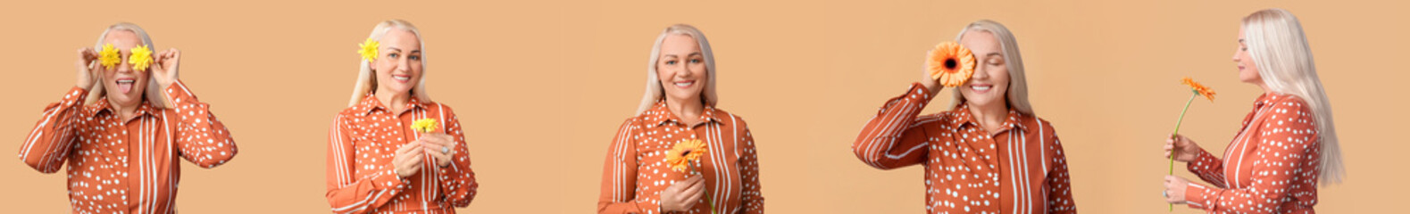 Wall Mural - Set of beautiful mature woman with flowers on beige background. Hello spring